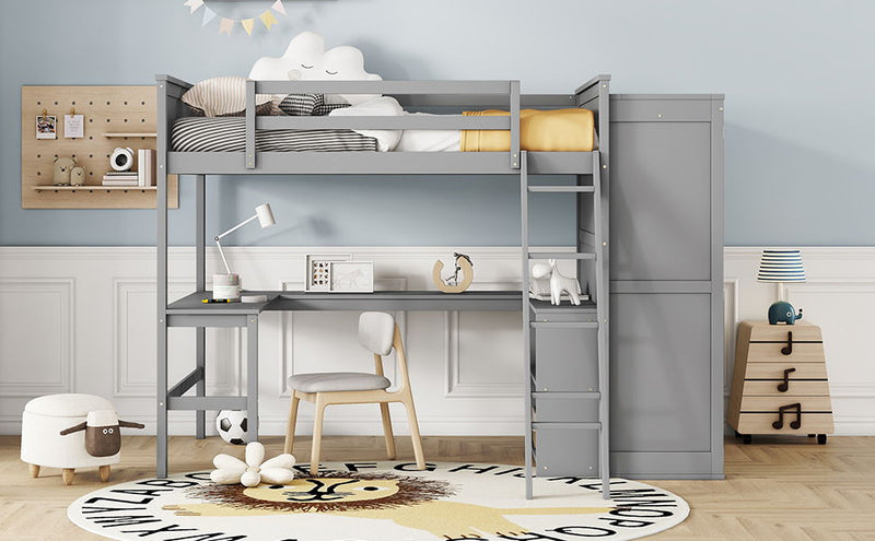 Full Size Loft Bed With Desk, Shelves And Wardrobe - Gray