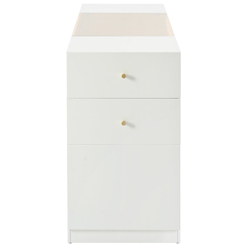 Modern Luxury Multi-Functional Island Vanity Dresser And Storage Cabinet With Glass Tabletop, Display Shelf, 6 Drawers For Walk In Wardrobe And Bedroom - Cream White