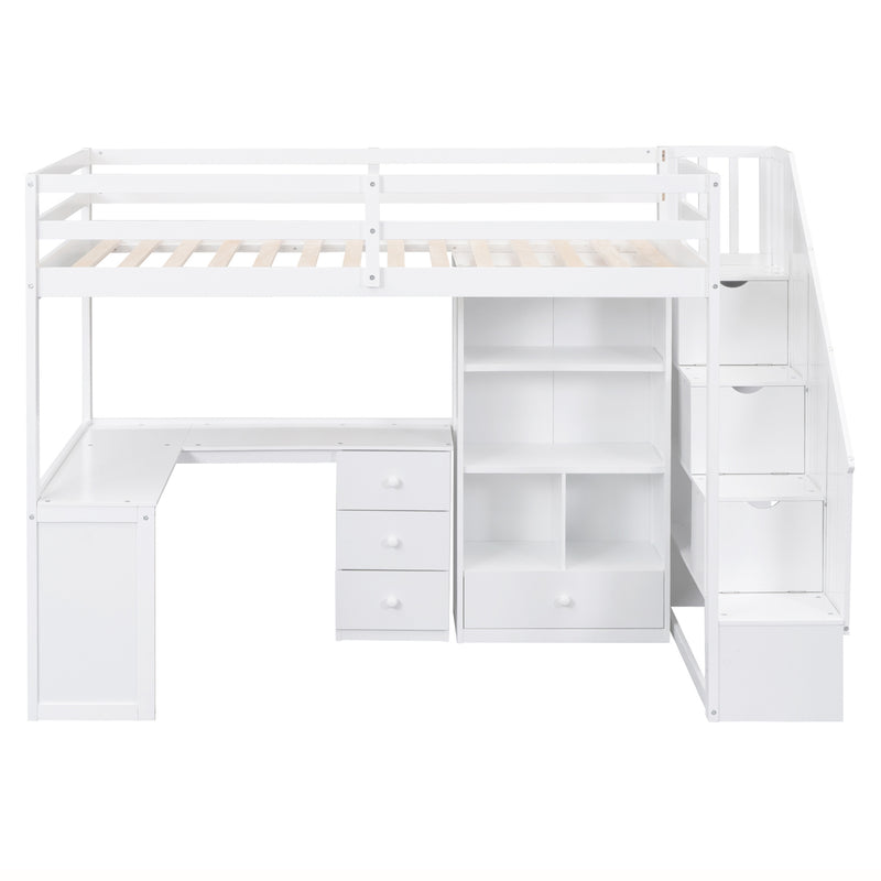 Twin Size Loft Bed with L-Shaped Desk and Drawers, Cabinet and Storage Staircase, White