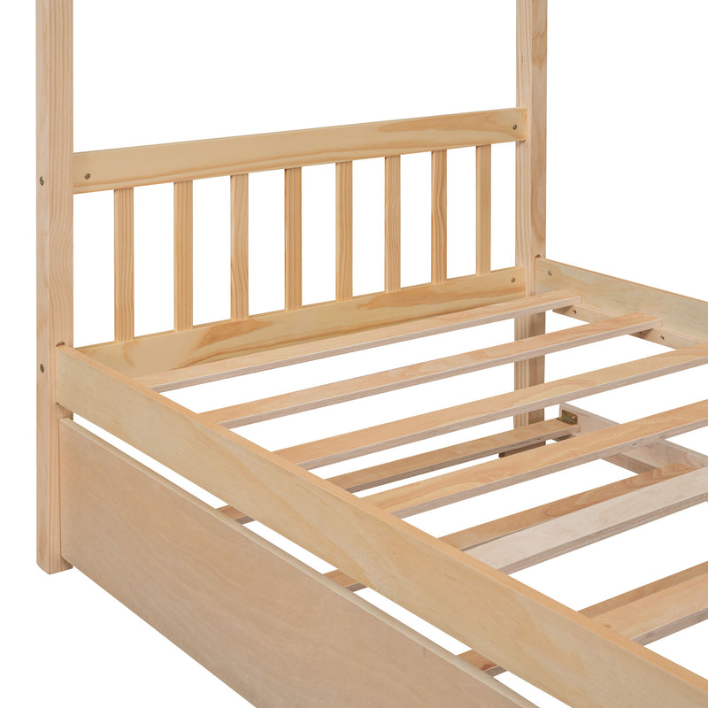 Twin Size Wooden House Bed With Twin Size Trundle - Natural