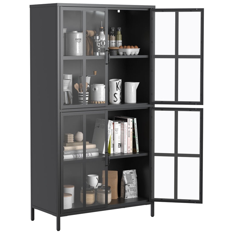 Premium Metal Storage Cabinet With Tempered Glass Doors, Adjustable Shelves, Anti-Tipping Device, Magnetic Silent Closure, And Adjustable Feet For Home And Office Use