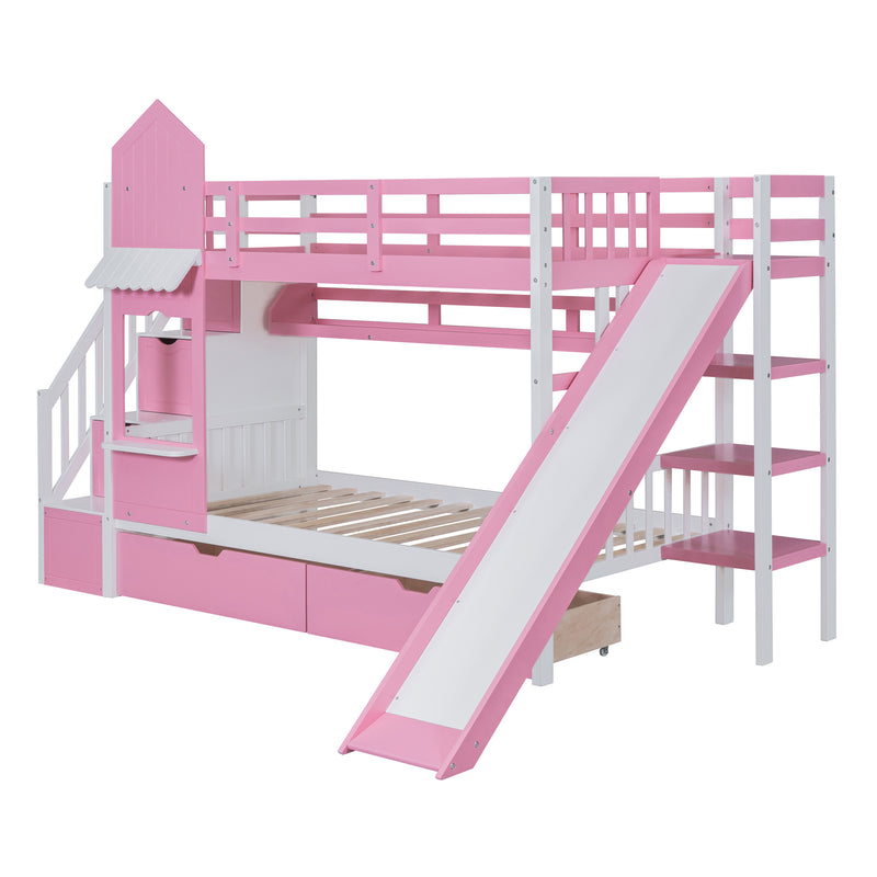 Twin-Over-Twin Castle Style Bunk Bed with 2 Drawers 3 Shelves and Slide - Pink