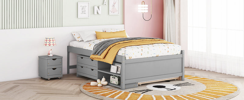 Versatile Full Bed with Trundle,Under bed Storage Box and Nightstand .Grey