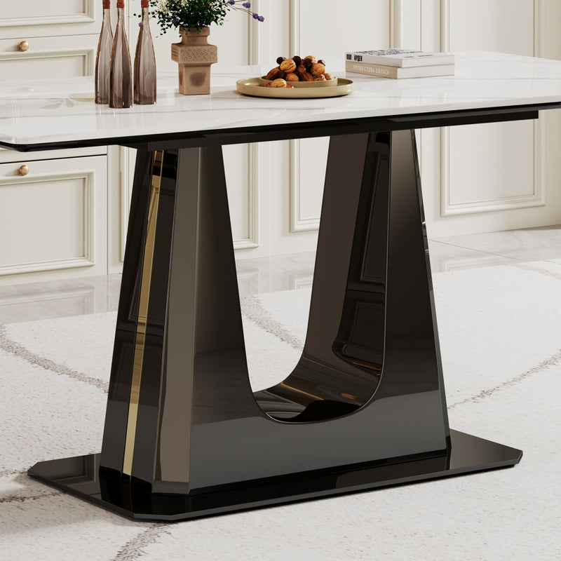 Sintered Stone Composite Tempered Glass Top Rectangular Dining Table With Stainless Steel Base - Black / White