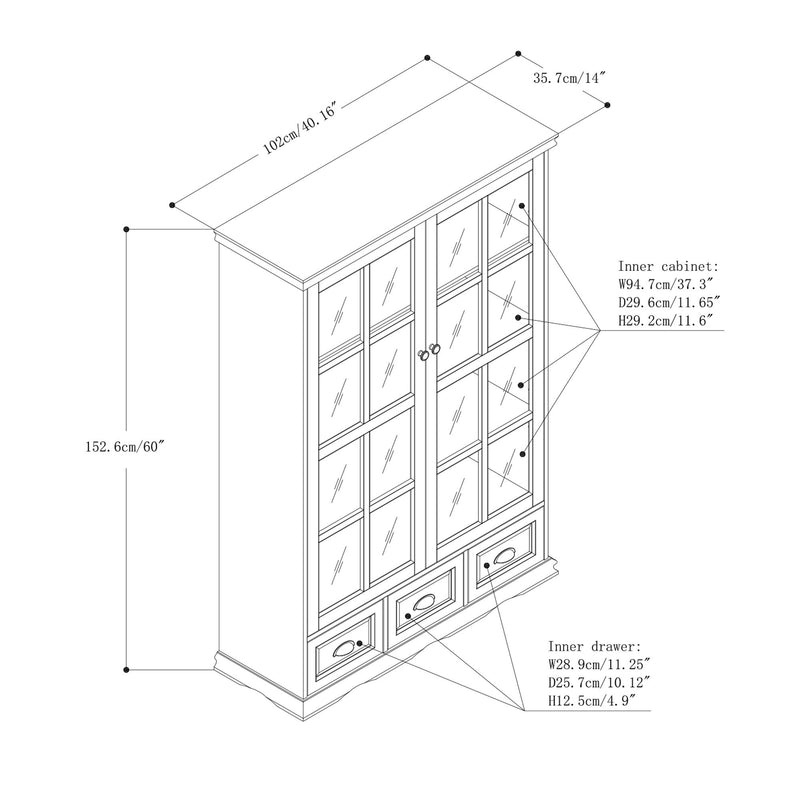 Storage Cabinet With Tempered Glass Doors Curio Cabinet With Adjustable Shelf Display Cabinet With Triple Drawers