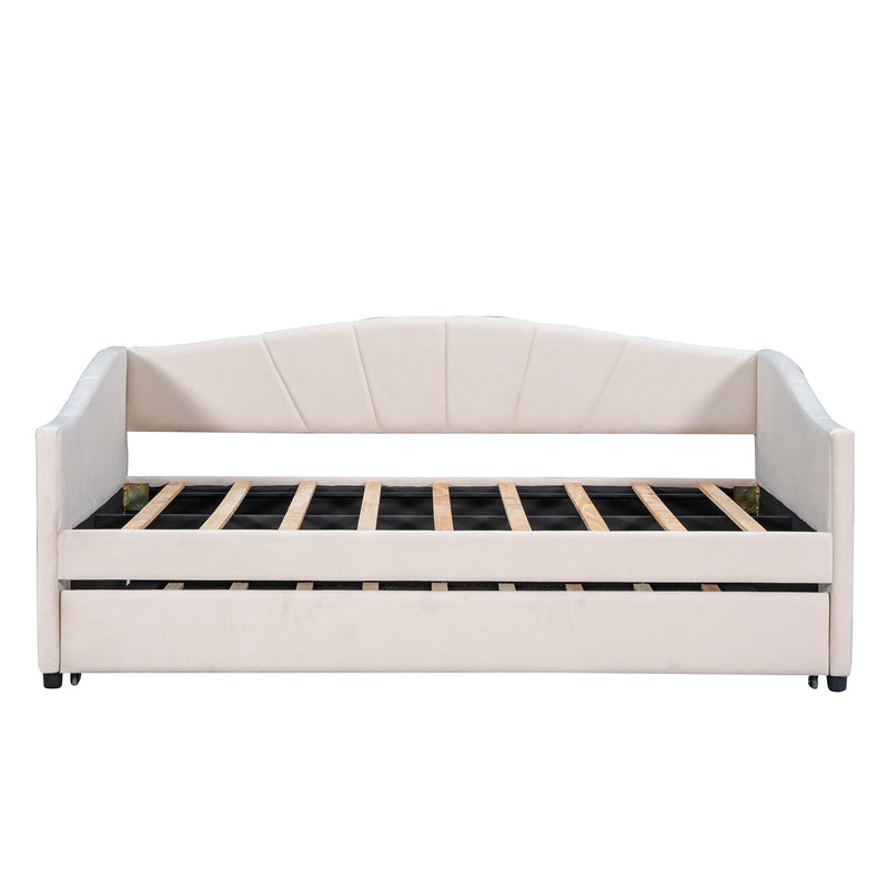 Twin Size Upholstered Daybed Sofa Bed With Trundle Bed And Wood Slat - Beige