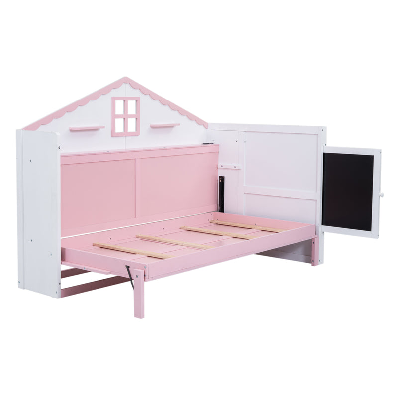 Wood Twin Size House Murphy Bed with USB, Storage Shelves and Blackboard, Pink+White