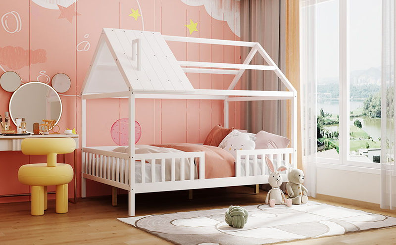 Full Size Wood House Bed With Fence - White