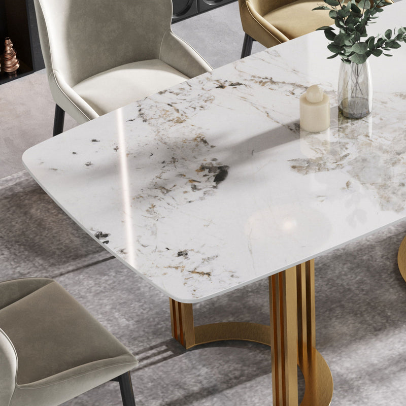 70.87" Modern Artificial Stone Pandora White Curved Golden Metal Leg Dining Table, Can Accommodate 6-8 People - Antique White / Gold