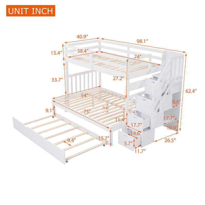 Twin over Twin/Full Bunk Bed with Twin Size Trundle (White)(OLD SKU :LP000025AAK)