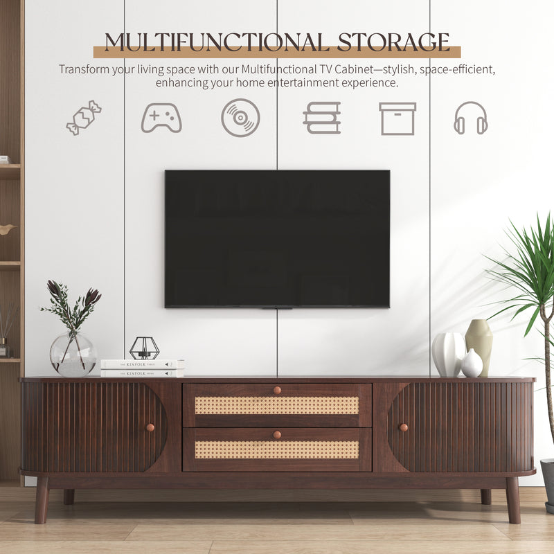 Rattan TV Stand for TVs up to 75'', Modern Farmhouse Media Console, Entertainment Center with Solid Wood Legs, TV Cabinet for Living Room,Home Theatre