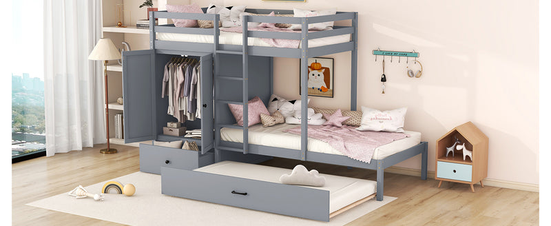 Twin-over-twin Bunk Bed with Wardrobe, Drawers and Shelves, Gray