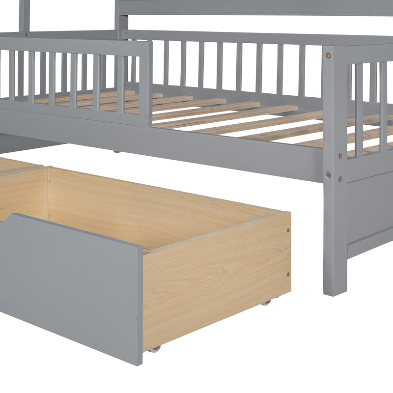 Wooden Twin Size House Bed with 2 Drawers,Kids Bed with Storage Shelf, Gray