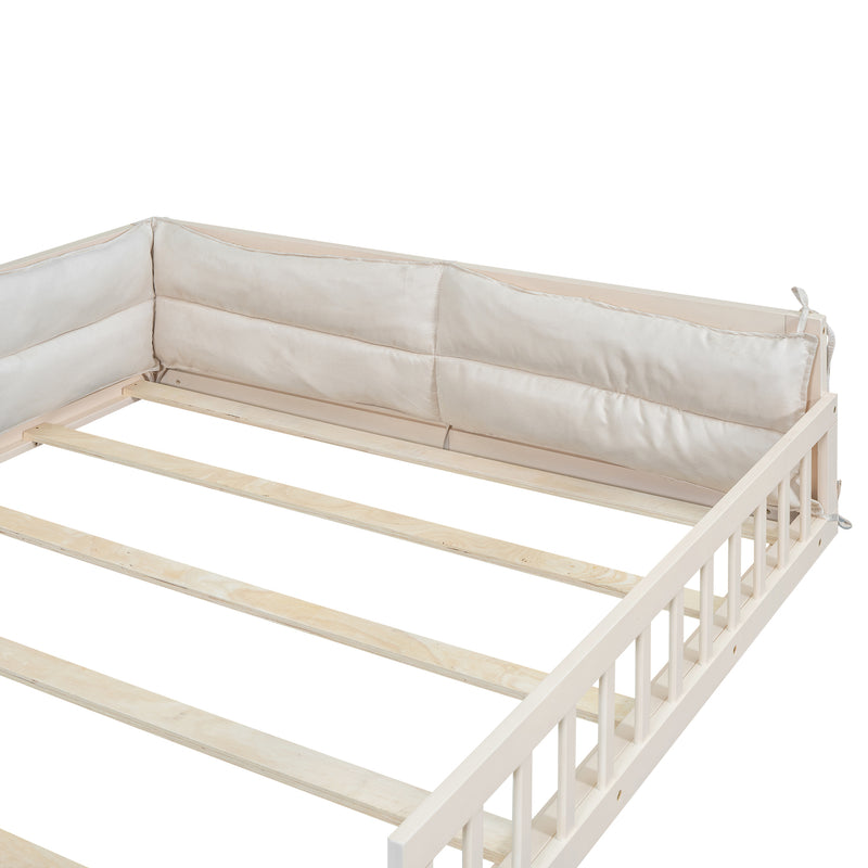 Wood Full Size Upholstered Platform Bed with Guardrail and Pillow, Beige