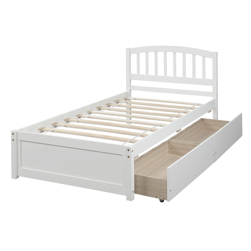 Twin Platform Storage Bed Wood Bed Frame With Two Drawers And Headboard - White