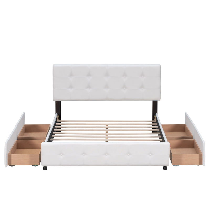 Queen Size Upholstered Platform Bed With Classic Headboard And 4 Drawers, No Box Spring Needed - White