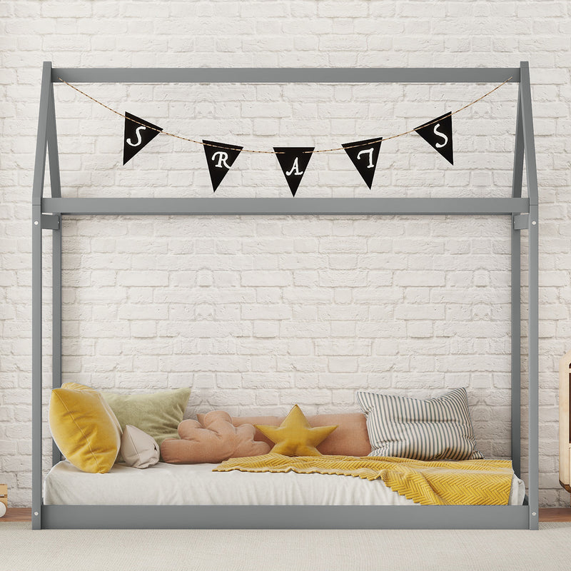 Twin Size Wooden House Bed, Gray