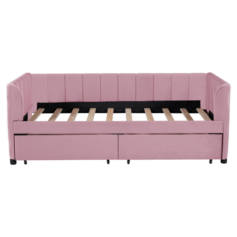 Twin Size Upholstered Daybed with Ergonomic Design Backrest and 2 Drawers, Pink