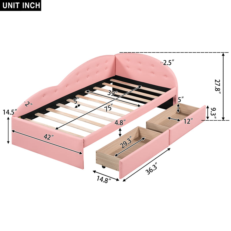 Twin Size PU Upholstered Tufted Daybed with Two Drawers and Cloud Shaped Guardrail, Pink