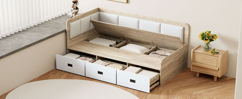 Twin Size Daybed With Three Drawers And Three Storage Compartments - Nature / Beige