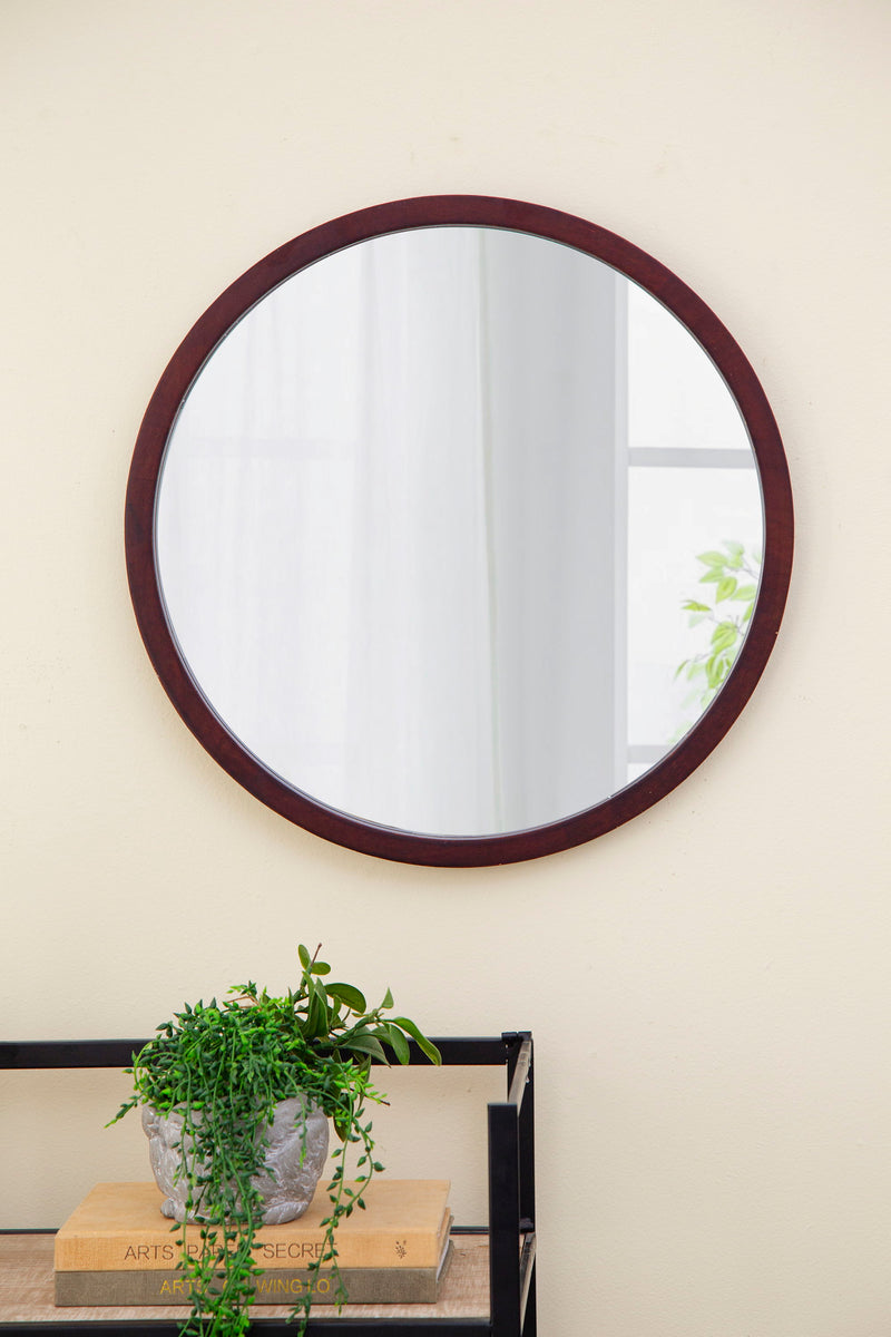 Circle Wall Mirror With Wooden Frame And Walnut Finish, Wall Mirror For Living Room Dining Room