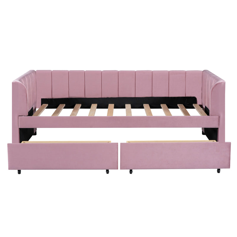 Twin Size Upholstered Daybed with Ergonomic Design Backrest and 2 Drawers, Pink