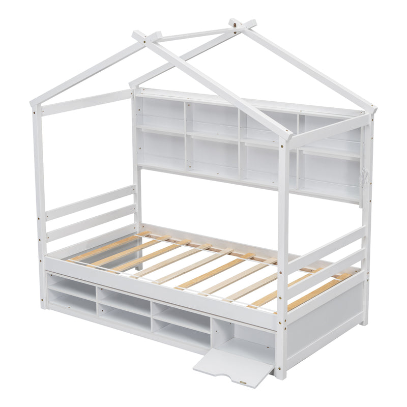 Twin House Bed With Roof Frame, Bedside-Shelves, Under Bed Storage Unit - White