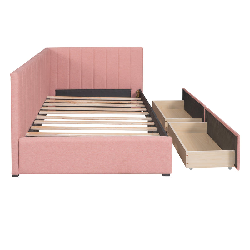 Upholstered Daybed with 2 Storage Drawers Twin Size Sofa Bed Frame No Box Spring Needed, Linen Fabric (Pink)