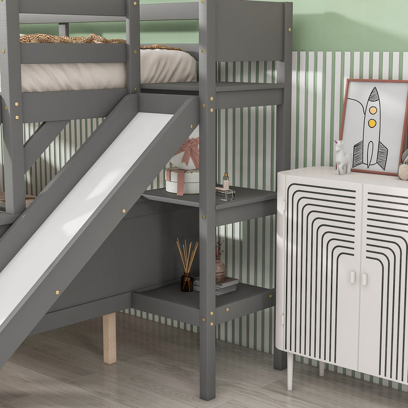 Twin over Full Bunk Bed with 2 Drawers,Slide,Shelves Grey