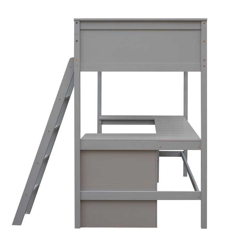 Twin size Loft Bed with Shelves and Desk, Wooden Loft Bed with Desk - Gray(OLD SKU:LT000537AAE)