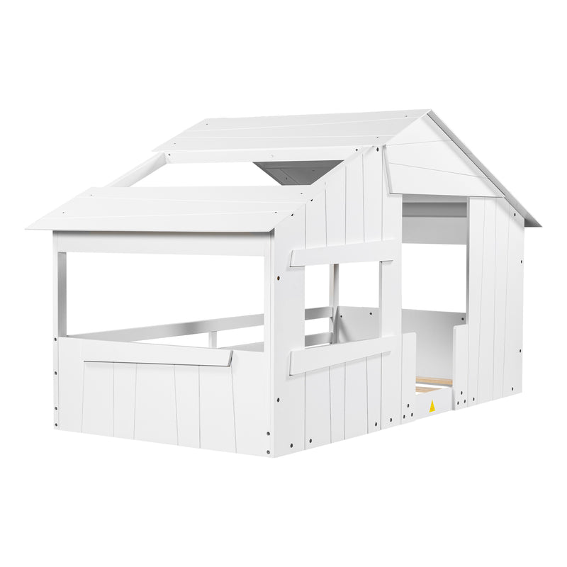 Wood Twin Size House Bed with Roof, Window and Guardrail, White