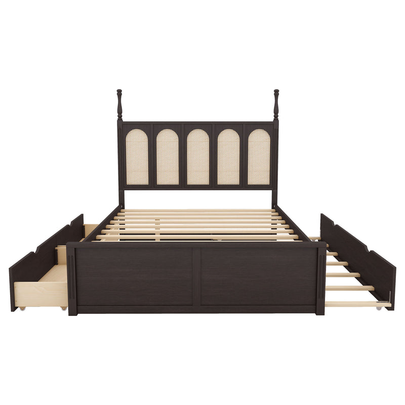 Rattan Platform Bed With With 2 Big Drawers With Trundle