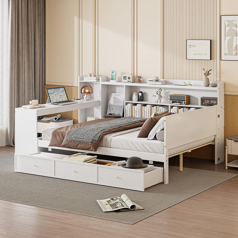 Full Size Wooden Daybed With 3 Drawers, USB Ports And Desk - White