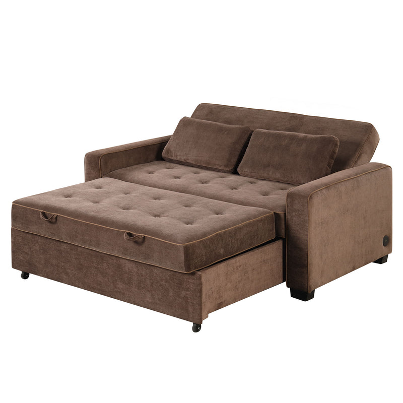 Upholstered Sleeper Bed, Pull Out Sofa Bed Couch Attached Two Throw Pillows, Dual USB Charging Port And Adjustable Backrest For Living Room Space