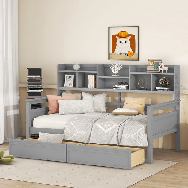 Twin size Daybed, Wood Slat Support, with Bedside Shelves and Two Drawers, Gray