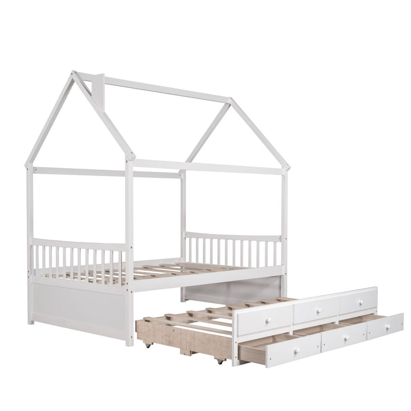 Full Size Wooden House Bed With Trundle And 3 Storage Drawers - White