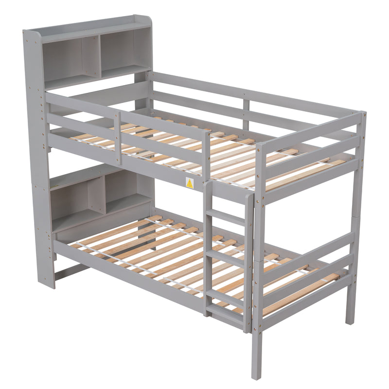 Twin Over Twin Bunk Beds with Bookcase Headboard, Solid Wood Bed Frame with Safety Rail and Ladder, Kids/Teens Bedroom, Guest Room Furniture, Can Be converted into 2 Beds, Grey