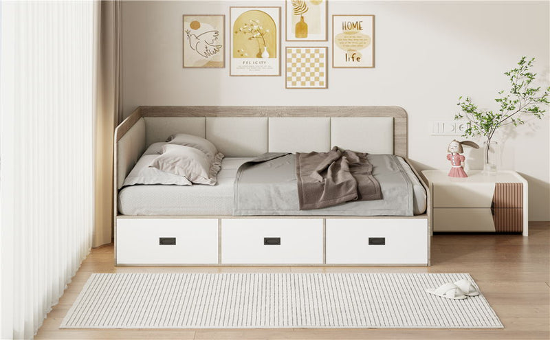 Full Size Daybed With Three Drawers And Three Storage Compartments - Nature / Beige