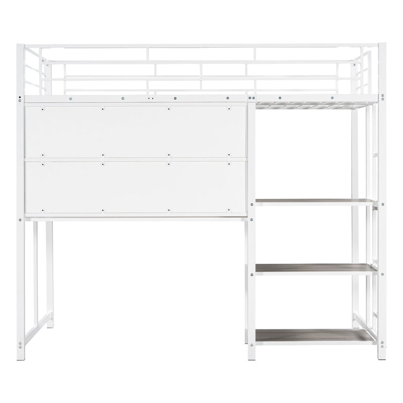 Twin Size Loft Bed With Desk And Whiteboard, Metal Loft Bed With 3 Shelves And Ladder - White