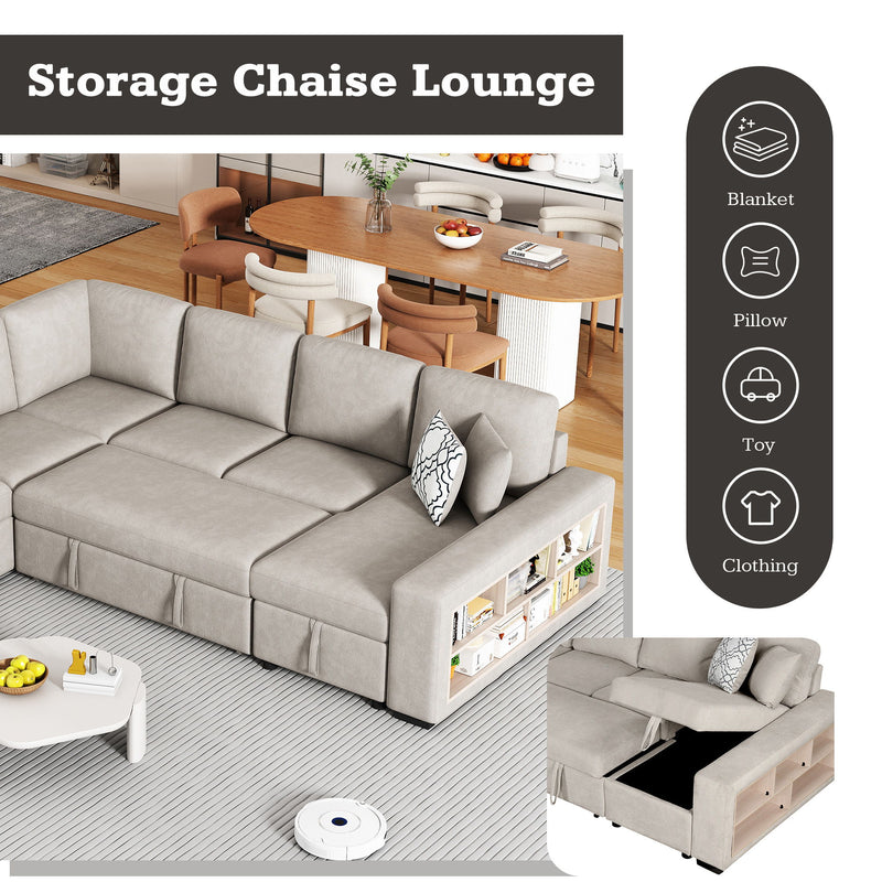 U-Shaped Sectional Sofa Pull-Out Sofa Bed With Two USB Ports, A Storage Chaise Lounge And Four Back Pillows For Living Room