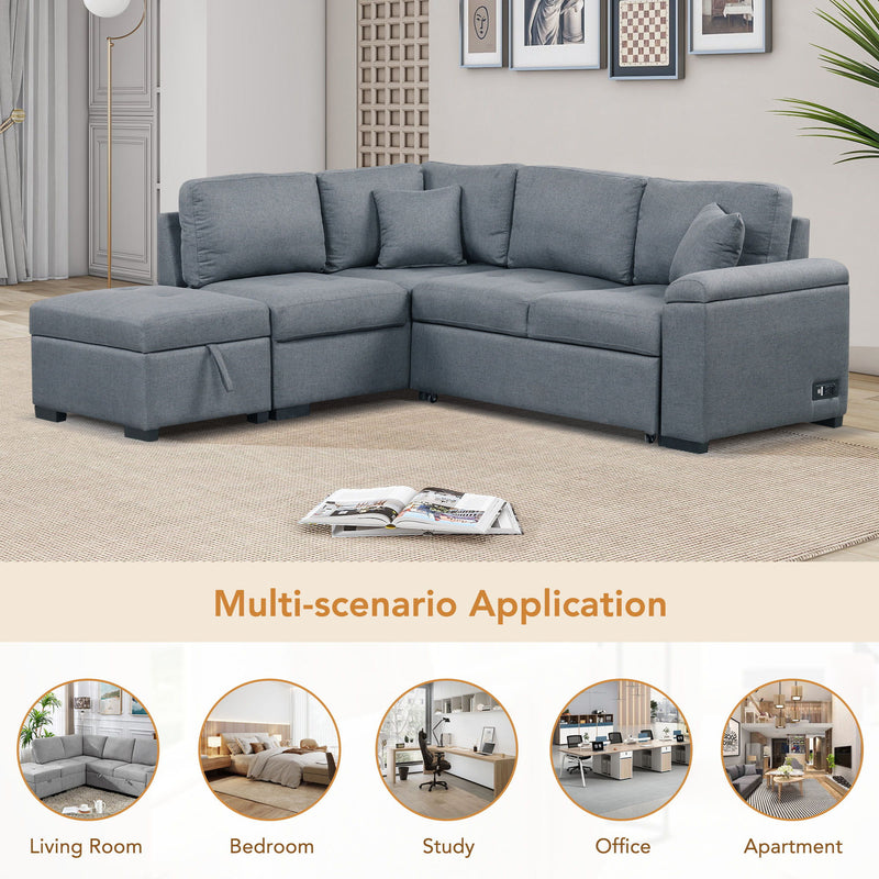 Sleeper Sectional Sofa, L-Shape Corner Couch Sofa Bed With Storage Ottoman & Hidden Arm Storage & USB Charge For Living Room Apartment