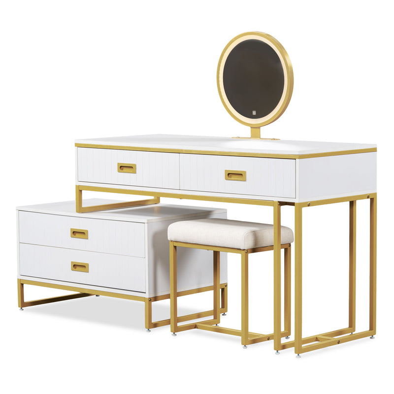 Modern Style Vanity Table With Movable Side Cabinet And 4 Drawers, Large Size Dressing Table With Mirror And 3 Colors Led Light, Makeup Table With Stool - White / Golden