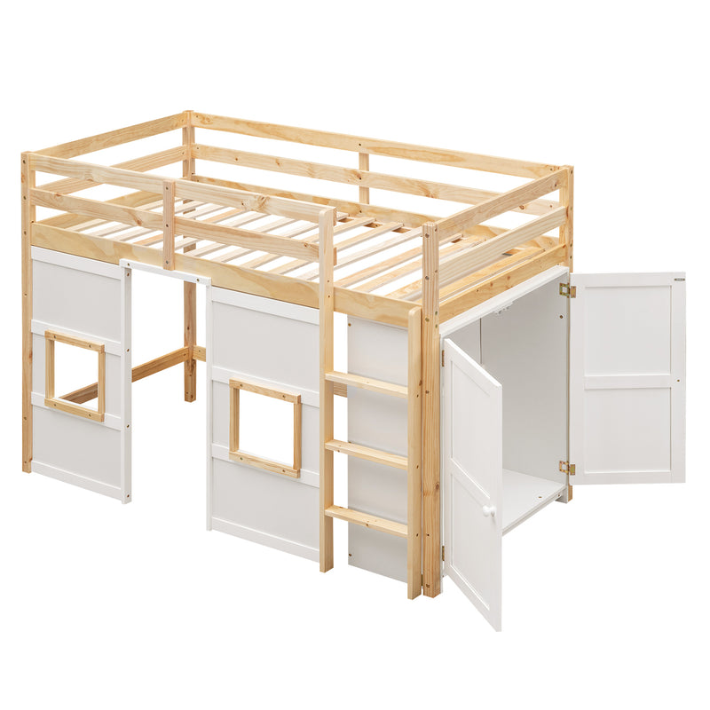 Wood Twin Size Loft Bed with Built-in Storage Wardrobe and 2 Windows, Natural/White