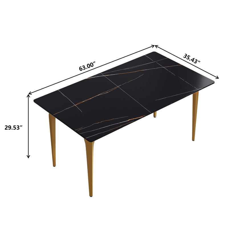 63" Modern Artificial Stone Black Straight Edge Golden Metal Leg Dining Table - Black / Gold