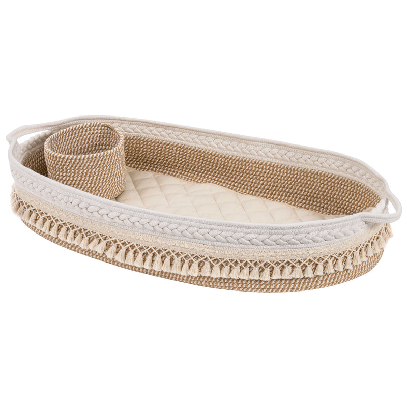 Baby Changing Basket, Handmade Woven Cotton Rope Moses Basket, Changing Table Topper With Mattress Pad - Beige & Brown