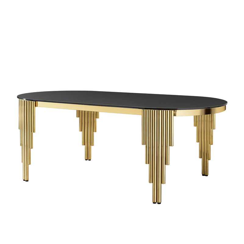 Glass Top Oval Dining Table With Gold Stainless Steel Base For 8 Seats - Gold / Black