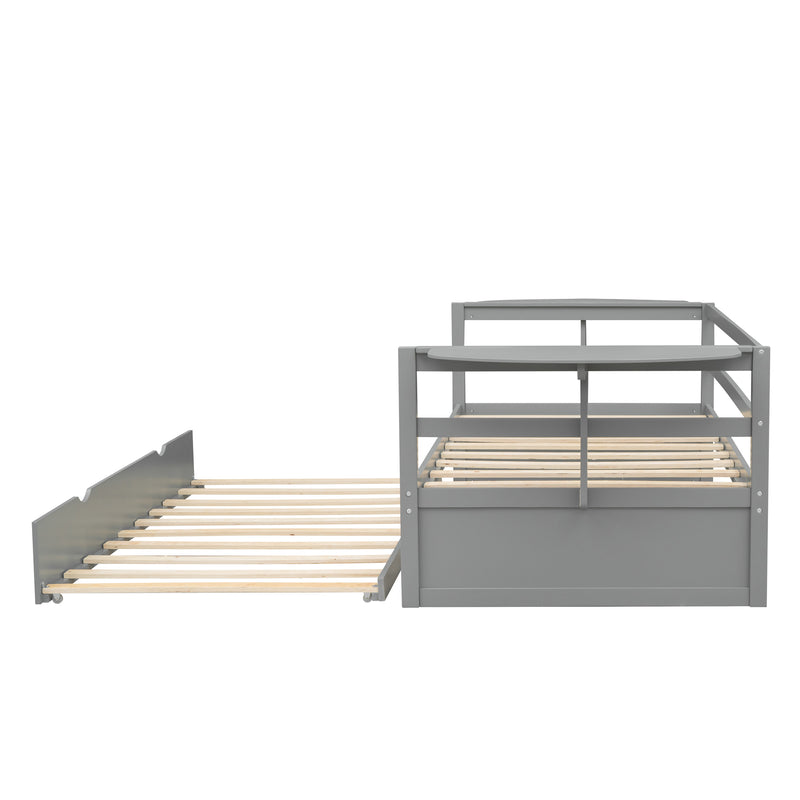 Twin Size Daybed with Trundle and Foldable Shelves on Both Sides,Gray