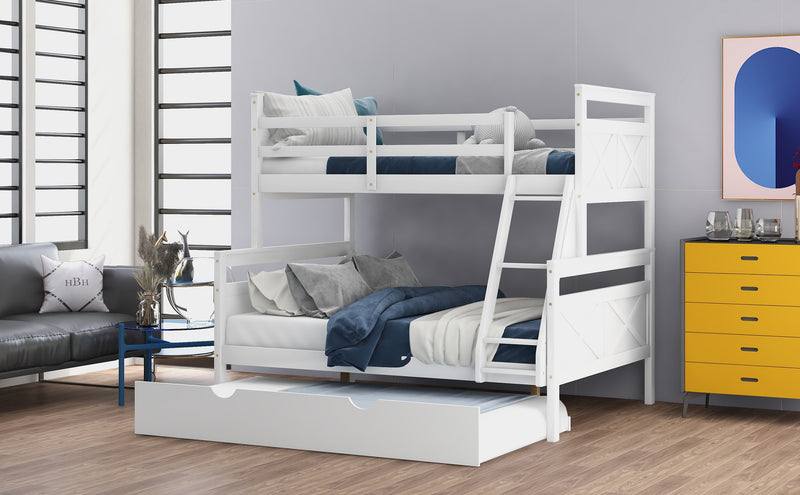 Twin over Full Bunk Bed with Ladder, Twin Size Trundle, Safety Guardrail, White(Old SKU: SM000208AAE-1)