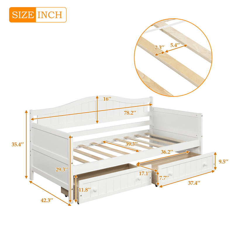 Twin Wooden Daybed With 2 Drawers, Sofa Bed For Bedroom Living Room, No Box Spring Needed - White