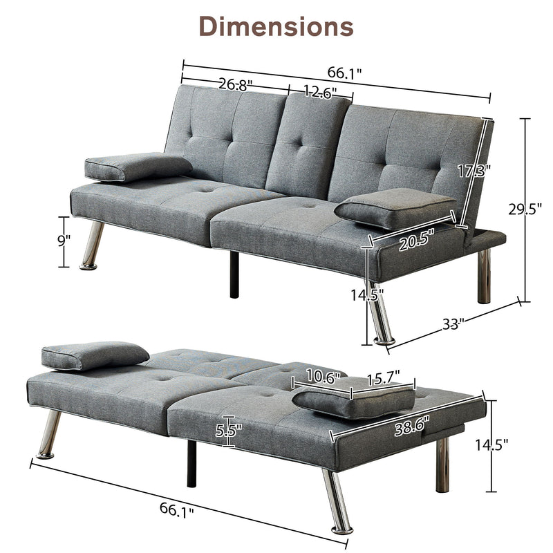 Sofa Bed, Loveseat Futon Sofa Bed With Removable Armrests, Adjustable Reliner Guest Bed Daybed For Small Space, Cup Holders, 3 Angles